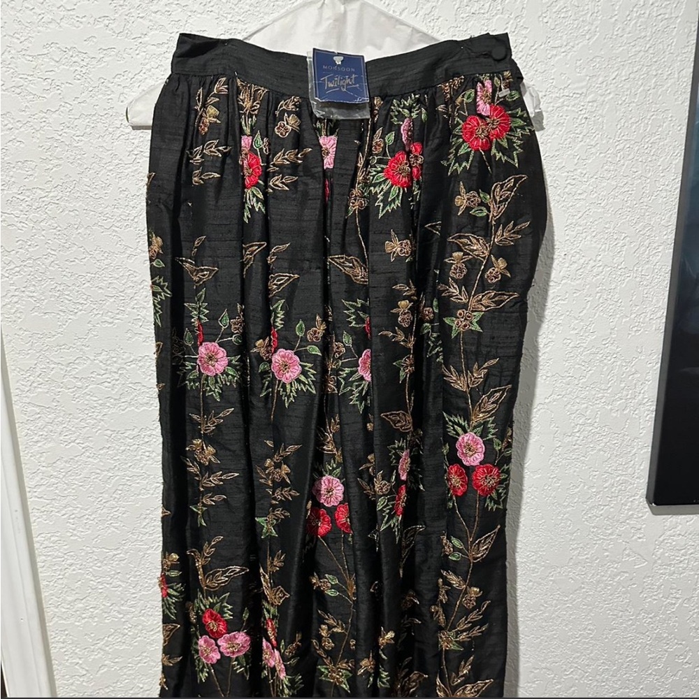 Pure Silk Black Maxi Skirt with Embroidered Floral Design